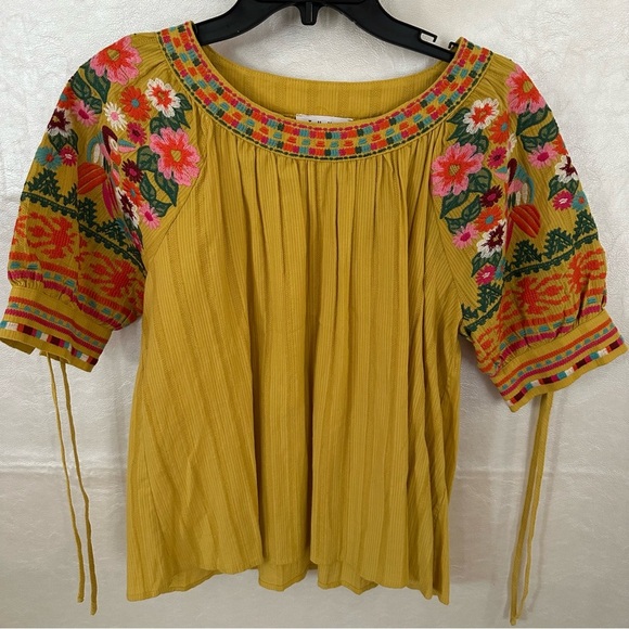 THML Tops - THML Yellow Short Sleeve Blouse with Pleated Embellishments